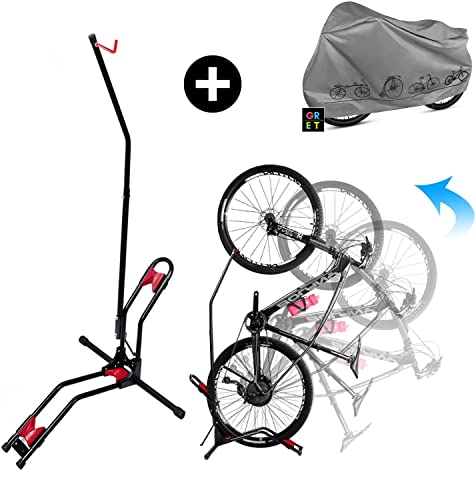 Kit Soporte Aparcamiento bicicletas+Funda bici,cuelga y aparca horizontal y vertical.Cubre y ahorra espacio con el aparca bicicletas portatil suelo en casa,salón,patio,garage,trastero taller.