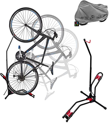 Kit Soporte Aparcamiento bicicletas+Funda bici,cuelga y aparca horizontal y vertical.Cubre y ahorra espacio con el aparca bicicletas portatil suelo en casa,salón,patio,garage,trastero taller.