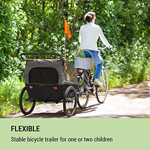 Klarfit Kiddy King - Remolque de Bicicleta para niños, 2 plazas, Universal, Cinturón de 5 Puntos, 2 Ruedas de 20", Freno de Mano, reflectores, banderines, Plegable, Asientos Acolchados, Verde