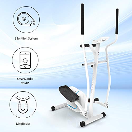 Klarfit Myon Cross - Bicicleta eliptica para casa, 8 niveles de resistencia, Volante de inercia de 12kg, Pantalla LCD, Accionamiento por correa silencioso, Pulsometro, Proteccion de suelo, Blanco seda