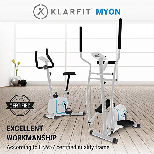 Klarfit Myon Cross - Bicicleta eliptica para casa, 8 niveles de resistencia, Volante de inercia de 12kg, Pantalla LCD, Accionamiento por correa silencioso, Pulsometro, Proteccion de suelo, Blanco seda