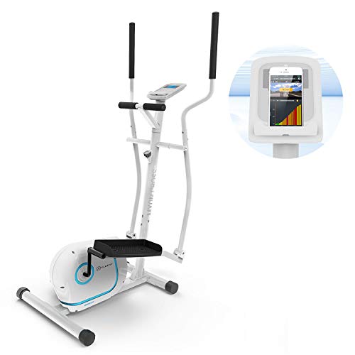 Klarfit Myon Cross - Bicicleta eliptica para casa, 8 niveles de resistencia, Volante de inercia de 12kg, Pantalla LCD, Accionamiento por correa silencioso, Pulsometro, Proteccion de suelo, Blanco seda