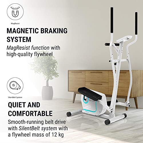 Klarfit Myon Cross - Bicicleta eliptica para casa, 8 niveles de resistencia, Volante de inercia de 12kg, Pantalla LCD, Accionamiento por correa silencioso, Pulsometro, Proteccion de suelo, Blanco seda