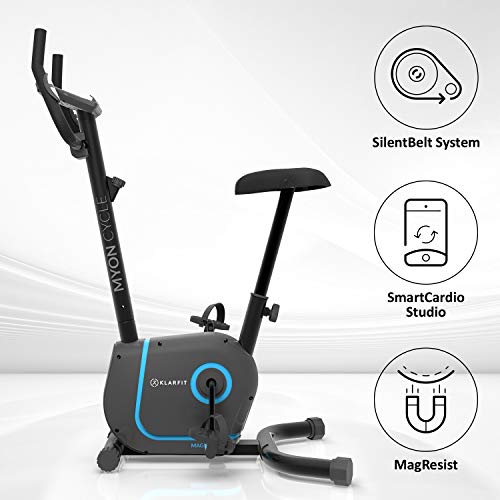 Klarfit Myon Cycle - Bicicleta estática, Volante de inercia de 12kg, Tracción por Correa con tecnología Silent Belt, 8 Niveles, Pulsómetro, Altura Regulable, Soporte para Tablet, Negro