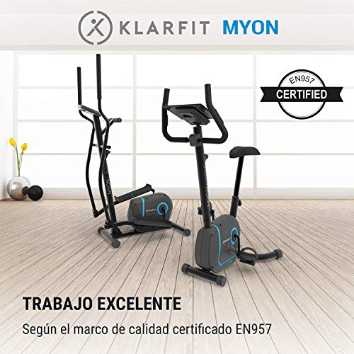 Klarfit Myon Cycle - Bicicleta estática, Volante de inercia de 12kg, Tracción por Correa con tecnología Silent Belt, 8 Niveles, Pulsómetro, Altura Regulable, Soporte para Tablet, Negro