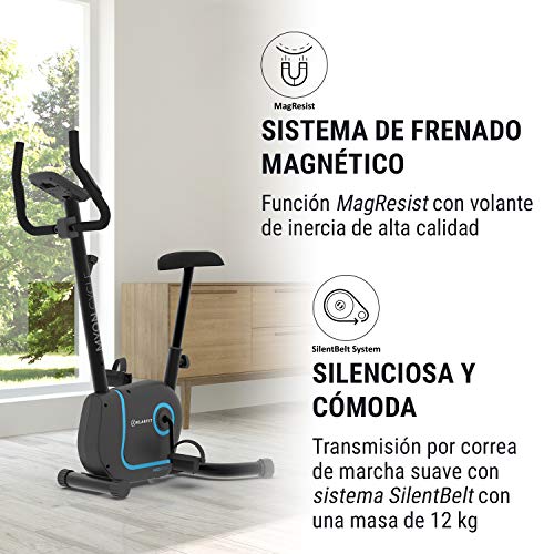 Klarfit Myon Cycle - Bicicleta estática, Volante de inercia de 12kg, Tracción por Correa con tecnología Silent Belt, 8 Niveles, Pulsómetro, Altura Regulable, Soporte para Tablet, Negro