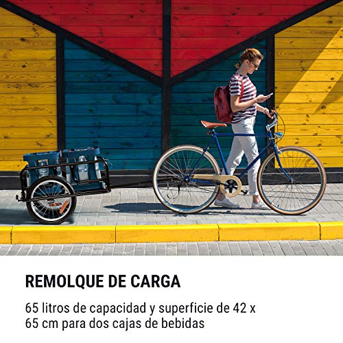 Klarfit OX - Remolque de bicicleta, Superficie de 42 x 65 cm, 65 litros, 2 cajas de bebidas, Resiste 40 kg de carga, Plegable, Desmontable, Reflectores blanco y rojo, Estructura de acero, Negro