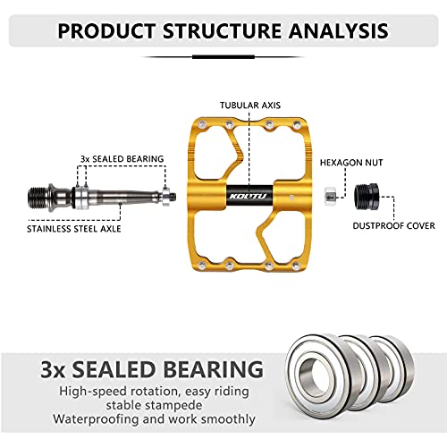 KOOTU Pedales de Bicicleta de montaña, Pedales Planos 9/16 de aleación de Aluminio Sellado con rodamientos Planos para Bicicleta de Carretera MTB (Dorado)