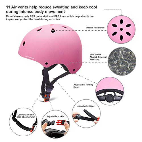 KORIMEFA Casco Infantil Equipo de Protección Patinete con Casco Adjustable certificación CE Rodilleras Coderas para Bicicleta Monopatín y Deportes Extremoscon de 3 a 13 años (m, Rosa)