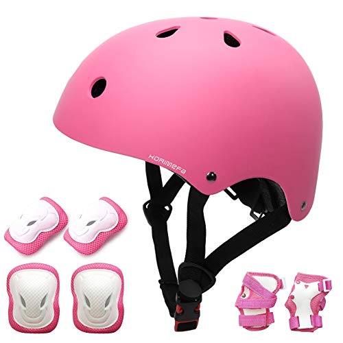 KORIMEFA Casco Infantil Equipo de Protección Patinete con Casco Adjustable certificación CE Rodilleras Coderas para Bicicleta Monopatín y Deportes Extremoscon de 3 a 13 años (m, Rosa)