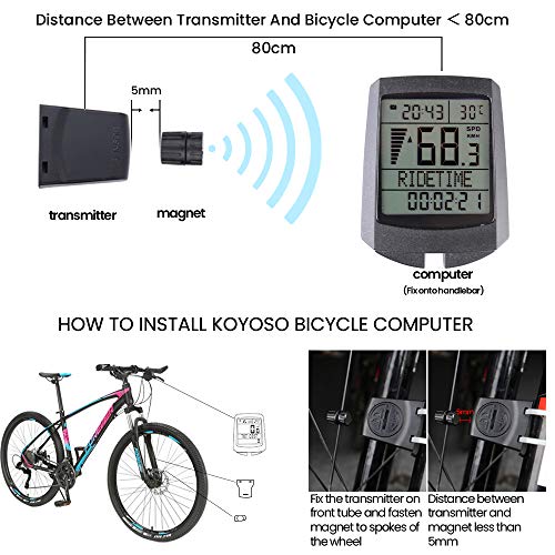 KOYOSO Computador Bicicleta Inalámbrica, Impermeable Cuentakilómetros para Bicicleta con LCD Pantalla,26 Funciones, 5 Idiomas