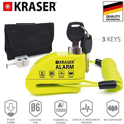 KRASER 6Y Candado Moto Antirrobo Alarma de Disco Certificación CE Cable Recordatorio + Bolsa de Transporte, Universal Motocicleta Scooter Bicicleta Patinete Eléctrico, 110dB Impermeable