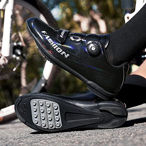 KUXUAN Calzado de Ciclismo Antideslizante Calzado de Bicicleta de Carretera y montaña de Fibra de Carbono Transpirable para Hombre y Mujer, Calzado Deportivo asistido,Black-39EU