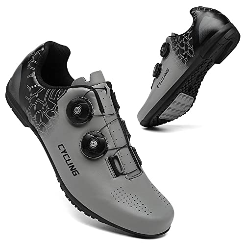 KUXUAN Calzado de Ciclismo Hombre Mujer - Calzado de Ciclismo de Carretera con Candados Calzado Deportivo Interior Exterior Transpirable Antideslizante,Grey-11UK=(275mm)=45EU