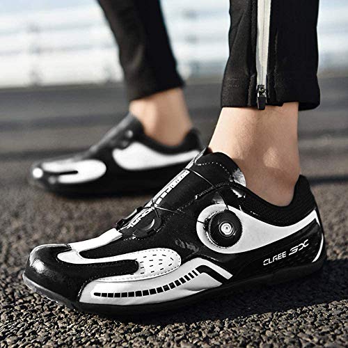 KUXUAN Calzado de Ciclismo para Hombre - Calzado de Bicicleta de Carretera,Zapatos de Bicicleta Ultraligeros con Hebilla de Doble Columna de Fibra de Carbono,Black-45EU=(275mm)