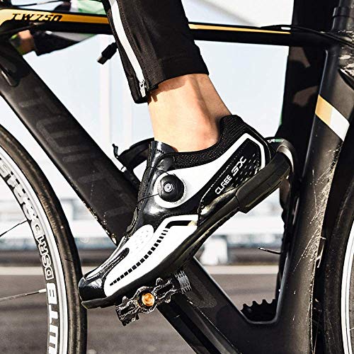 KUXUAN Calzado de Ciclismo para Hombre - Calzado de Bicicleta de Carretera,Zapatos de Bicicleta Ultraligeros con Hebilla de Doble Columna de Fibra de Carbono,Black-45EU=(275mm)