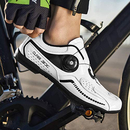 KUXUAN Calzado de Ciclismo para Hombre Calzado de Bicicleta de Carretera,Zapatos de Bicicleta Ultraligeros con Hebilla de Doble Columna de Fibra de Carbono,White-45EU=(275mm)