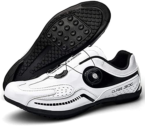 KUXUAN Calzado de Ciclismo para Hombre Calzado de Bicicleta de Carretera,Zapatos de Bicicleta Ultraligeros con Hebilla de Doble Columna de Fibra de Carbono,White-45EU=(275mm)