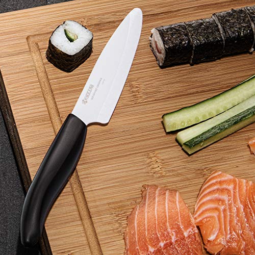 Kyocera FK-3PC-BK, Juego de cuchillos, Cuchillo para pelar 7.5 cm, Cuchillo utilitario 11 cm, Cuchillo Santoku 14 cm, hoja de cerámica de circonio afilada, afilada a mano, ligera, no corrosiva