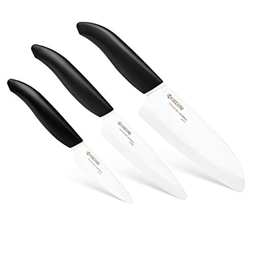 Kyocera FK-3PC-BK, Juego de cuchillos, Cuchillo para pelar 7.5 cm, Cuchillo utilitario 11 cm, Cuchillo Santoku 14 cm, hoja de cerámica de circonio afilada, afilada a mano, ligera, no corrosiva