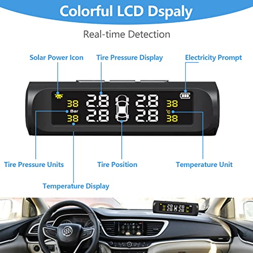 KYYKA Sistema de monitoreo de presion en Llantas TPMS Sistema de monitoreo de presión de neumáticos inalámbrico automático Solar Pantalla LCD de Alta precisión con Cuatro sensores