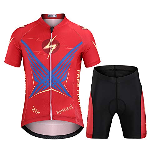 L PATTERN Niños Niñas Maillot Camiseta de Ciclismo Manga Corta/Pantalones Cortos de Bicicleta/Traje de Ciclismo Conjunto de Maillot y Pantalones Cortos Transpirable Secado Rápido, Rojo, XXL