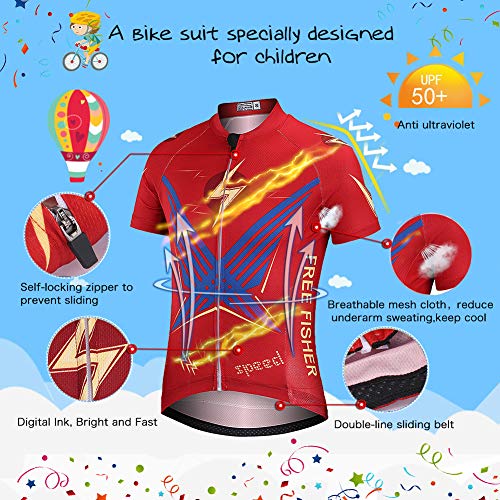 L PATTERN Niños Niñas Maillot Camiseta de Ciclismo Manga Corta/Pantalones Cortos de Bicicleta/Traje de Ciclismo Conjunto de Maillot y Pantalones Cortos Transpirable Secado Rápido, Rojo, XXL