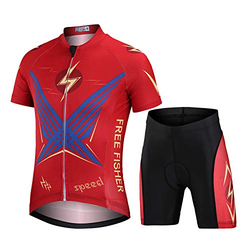 L PATTERN Niños Niñas Maillot Camiseta de Ciclismo Manga Corta/Pantalones Cortos de Bicicleta/Traje de Ciclismo Conjunto de Maillot y Pantalones Cortos Transpirable Secado Rápido, Rojo, XXL