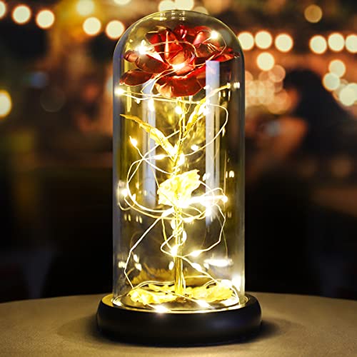 La Bella y la Bestia Rose, Red Silk Rose en Dome Glass con 20 LED Fairy Lights String, Romántica Sorpresa para el Día de San Valentín, Valentine, Aniversario de Bodas, Navidad, Regalos día de la Madre