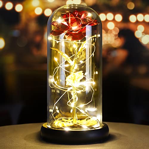 La Bella y la Bestia Rose, Red Silk Rose en Dome Glass con 20 LED Fairy Lights String, Romántica Sorpresa para el Día de San Valentín, Valentine, Aniversario de Bodas, Navidad, Regalos día de la Madre