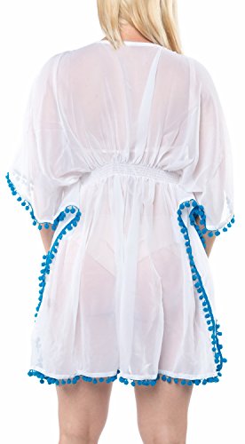 LA LEELA Profunda lentejuecuello Bordado Paisley pompón súper lihgtweight Traje baño la Gasa Pura Encubrimiento Bikini la Playa túnica Superior Vestido Partido Turquesa básica Ghosts Blanco_C739