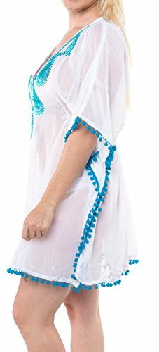 LA LEELA Profunda lentejuecuello Bordado Paisley pompón súper lihgtweight Traje baño la Gasa Pura Encubrimiento Bikini la Playa túnica Superior Vestido Partido Turquesa básica Ghosts Blanco_C739