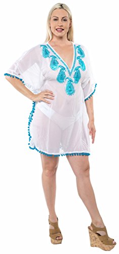 LA LEELA Profunda lentejuecuello Bordado Paisley pompón súper lihgtweight Traje baño la Gasa Pura Encubrimiento Bikini la Playa túnica Superior Vestido Partido Turquesa básica Ghosts Blanco_C739