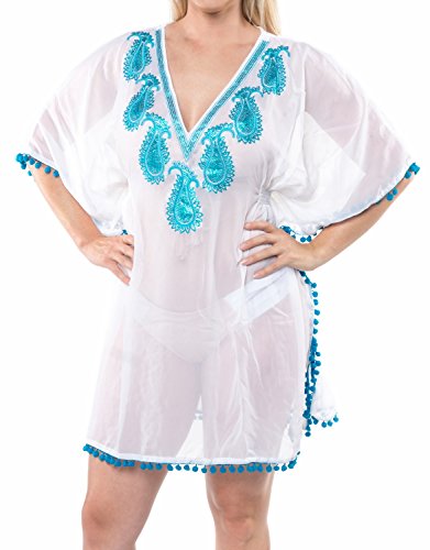 LA LEELA Profunda lentejuecuello Bordado Paisley pompón súper lihgtweight Traje baño la Gasa Pura Encubrimiento Bikini la Playa túnica Superior Vestido Partido Turquesa básica Ghosts Blanco_C739