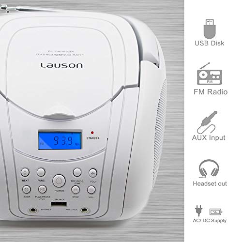 Lauson MX20 Reproductor de CD Boombox con Radio FM Altavoces Estéreo. Radio Lector de CD / MP3 USB (Blanco CD)