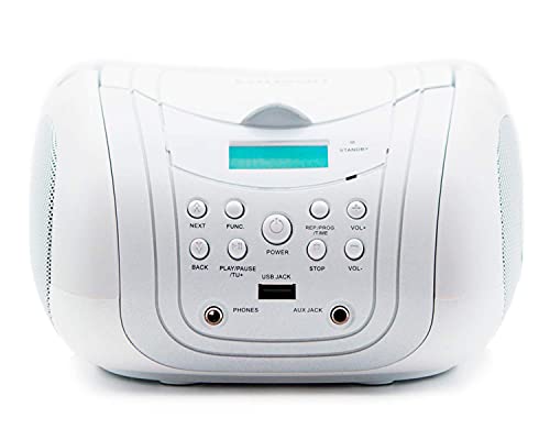 Lauson MX20 Reproductor de CD Boombox con Radio FM Altavoces Estéreo. Radio Lector de CD / MP3 USB (Blanco CD)