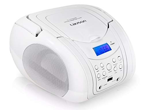 Lauson MX20 Reproductor de CD Boombox con Radio FM Altavoces Estéreo. Radio Lector de CD / MP3 USB (Blanco CD)