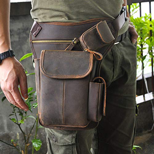 Le'aokuu Hombres Cuero Genuino Bolso Cintura Bolsa de Pierna Bolsa para Hombres Bolso Multifuncional Militar Táctico Moto Bicicleta Senderismo Deportes Camping Montar 3106 (0 3106 Negro marrón)