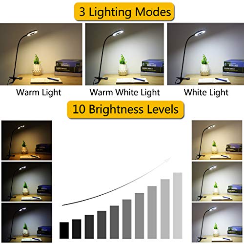 LED Lámpara De Mesa Escritorio, Luz De Lectura Con Abrazadera USB Portátil Flexible Regulable Con 3 Modos De Iluminación y 10 Niveles De Brillo Para Oficina Dormitorio Lectura Estudiar 7w (Negro)