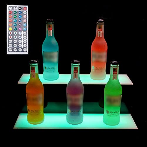 Led Lighted Liquor Bottle Display Shelf For Home Bar 2 Step Illuminated Wine Racks Cimmercial Drinks Lighting Shelves With Rf Remote Control For Party 24In