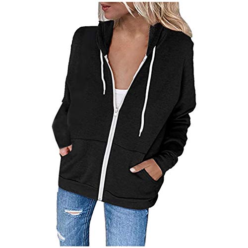 Lenfeshing Sudadera Ligera de Manga Larga con Cremallera Completa Y Bolsillos para Mujer Chaqueta con Capucha de Color Liso