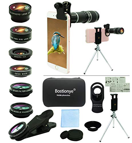 Lentes para Teléfono Móvil,10 en 1 Kit con 20X Teleobjetivo,0.63 Angulo Ancho+15x Macro+198°ojo pez+2x Telefoto+Caleidoscopio+CPL/Starlight/Eyemask/Tripod, For Mayoría Universal Smartphones