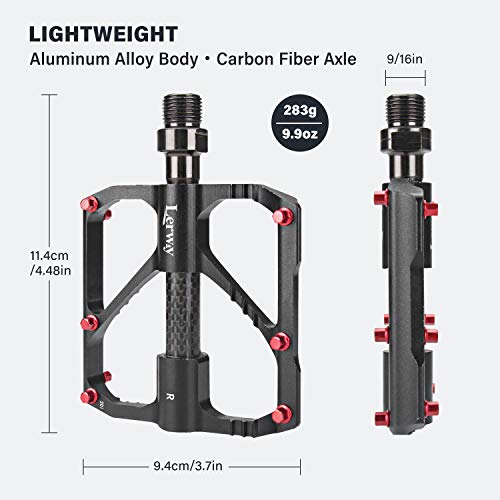 LERWAY Pedales de Bicicleta, Ultraligero MTB Bike Repuesto de Pedales de Ciclismo de Montaña Antideslizantes Pedales Híbridos de Bicicleta de Carretera para 9/16" (Negro + Fibra de Carbon)