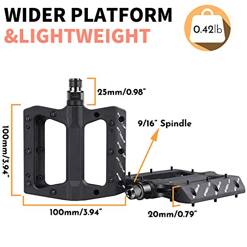 Letton Pedales de Bicicleta de Montaña, Pedales para BMX MTB, Cuerpo Compuesto de Fibra de Nylon, Estándar 9/16, Rodamientos Sellados, 8 Antideslizantes Clavos por Lado