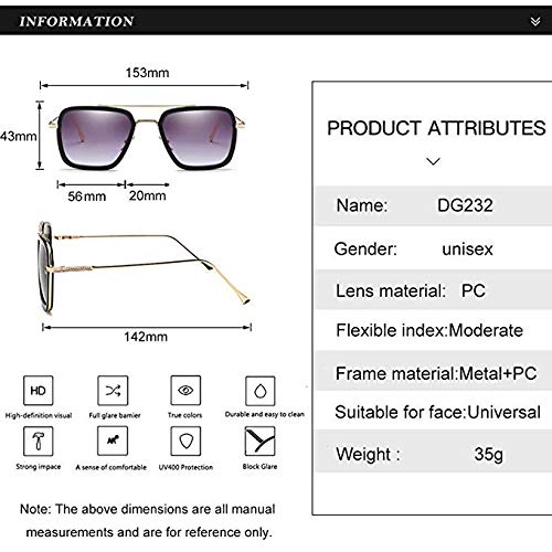 LHSDMOAT Gafas de sol Retro Spider Man Gafas de sol con montura metálica cuadrada Gafas Tony Stark Aptas para hombres y mujeres