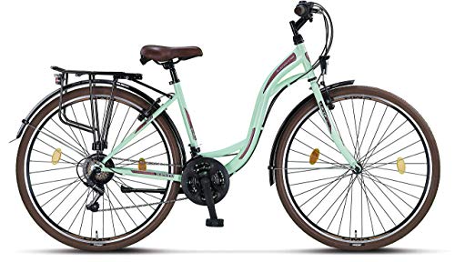 Licorne Bike Bicicleta de Ciudad Stella Premium de 24,26 y 28 Pulgadas, para niños, Hombres y Mujeres, Cambio de 21 velocidades, Bicicleta Holandesa, Mujer, Verde Menta, 28