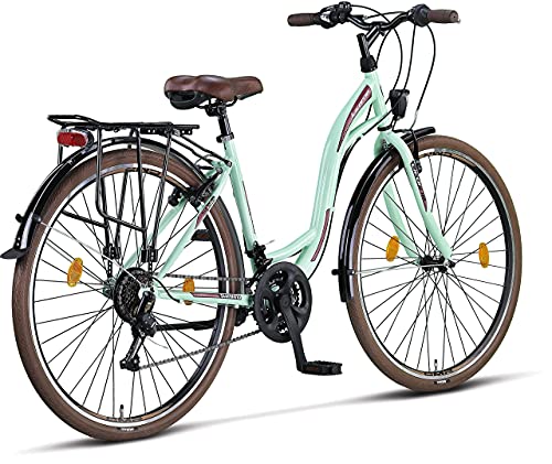 Licorne Bike Bicicleta de Ciudad Stella Premium de 24,26 y 28 Pulgadas, para niños, Hombres y Mujeres, Cambio de 21 velocidades, Bicicleta Holandesa, Mujer, Verde Menta, 28