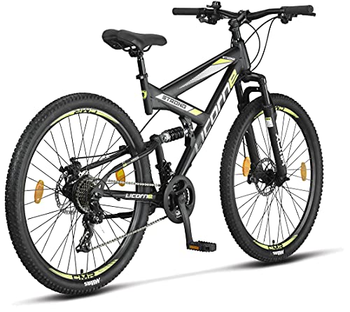 Licorne Bike Bicicleta de montaña Strong 2D, para niños, niñas, mujeres y hombres, freno de disco delantero y trasero, 21 velocidades, suspensión completa, negro/lima, 29 pulgadas, negro, lima