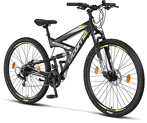 Licorne Bike Bicicleta de montaña Strong 2D, para niños, niñas, mujeres y hombres, freno de disco delantero y trasero, 21 velocidades, suspensión completa, negro/lima, 29 pulgadas, negro, lima