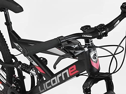 Licorne Bike Bicicleta de montaña Strong 2D, para niños, niñas, mujeres y hombres, freno de disco delantero y trasero, 21 velocidades, suspensión completa, negro/lima, 29 pulgadas, negro, lima